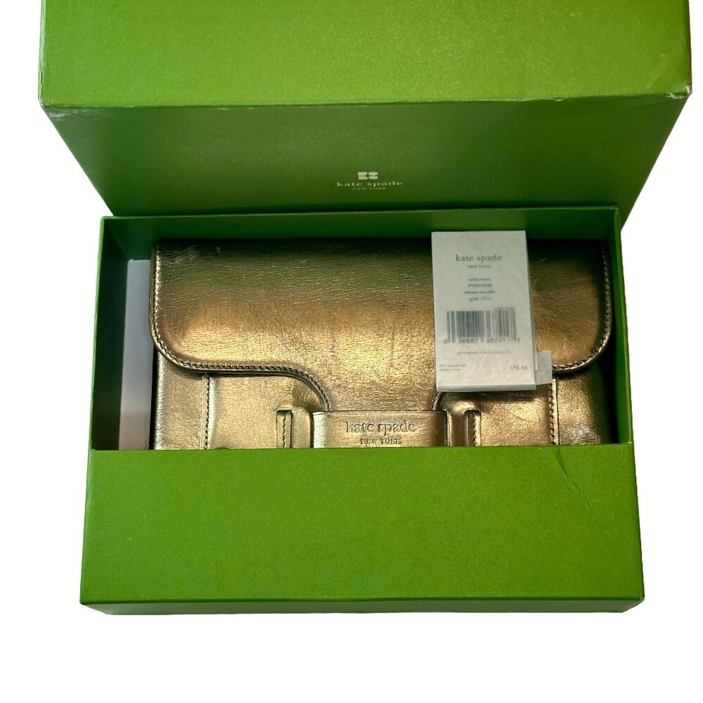 Kate Spade Metallic Gold Evan Mini Savona Clutch with Wrist Strap & Box